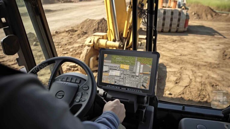 a man using a rugged tablet to take control of the construction vehicle