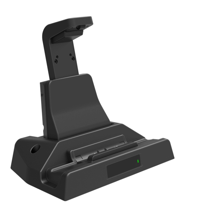 a black rugged tablet office dock with signal light turning on