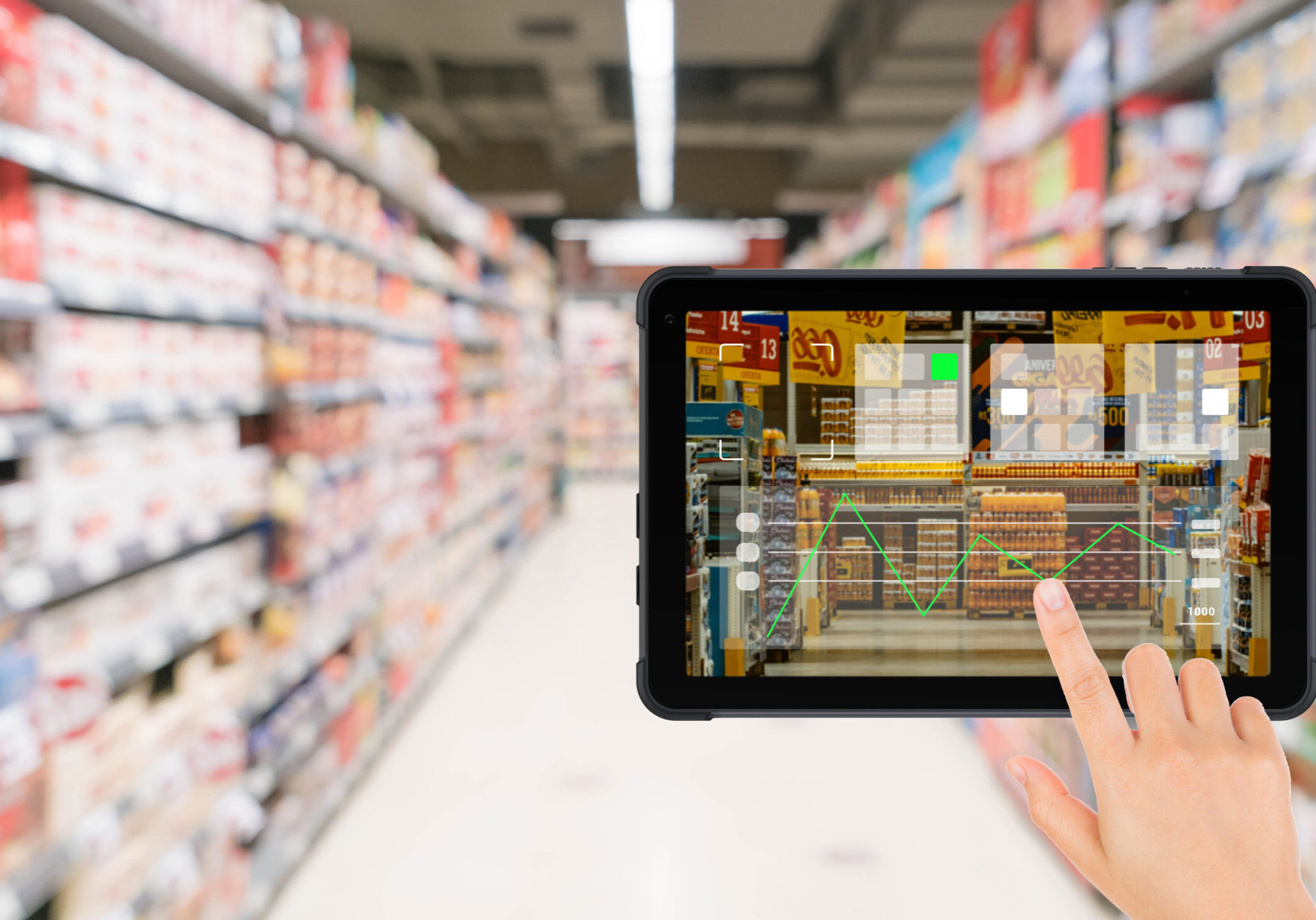 a store manager using rugged tablet in a supermarket